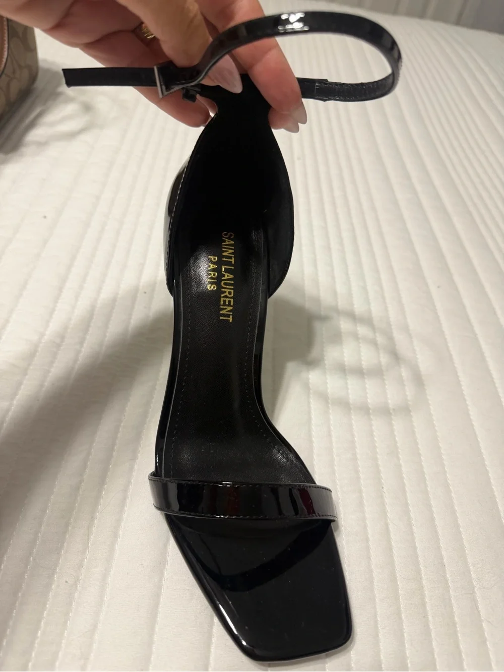 Saint Laurent Black Patent Leather Ankle-Strap Sandals with Gold YSL Logo Heels - Picture 4 of 8